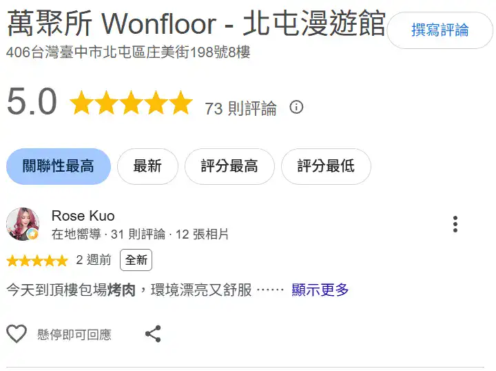 萬聚所漫遊館 Google 評論截圖：今天到頂樓包場烤肉，環境漂亮又舒服（5 星）
