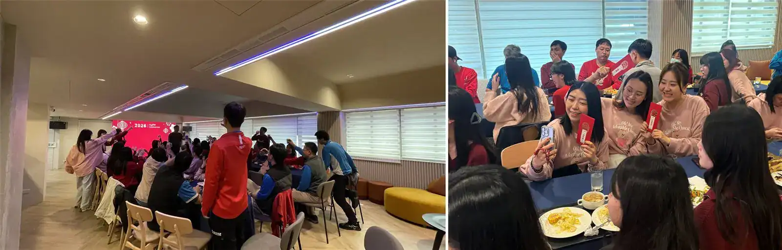 萬聚所中清館：左為全體員工起立、舉杯歡呼面向主舞台，右為三位同事穿制服笑著展示手上的摸彩紅包