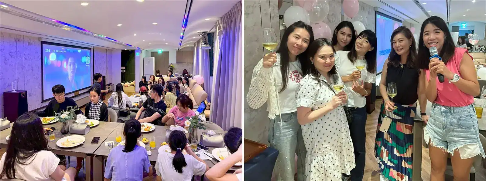 萬聚所企業團建轉場歌唱：餐桌區與沙發歡唱區同空間分開，同事拿麥克風開唱
