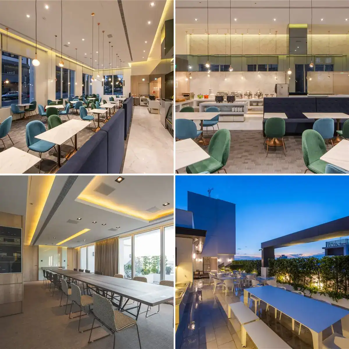 漫遊館空間實拍 2x2 拼貼：餐宴用餐區、自助餐點區、長桌會議空間、戶外露天陽台