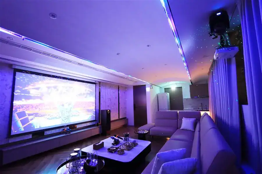 同一間勤美館 VVIP 包廂換成變色效果燈：整間紫藍色燈光，投影幕播放畫面，適合開唱